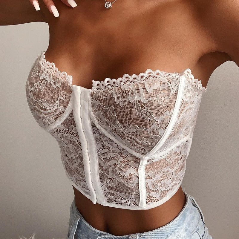 Boned Lace Strapless Corset Top top LAVAH White S 