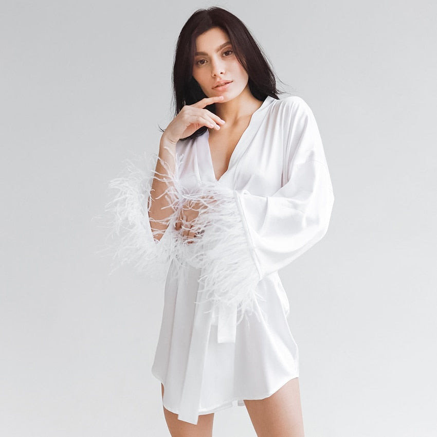 Feather Trim Robe  LAVAH White S 