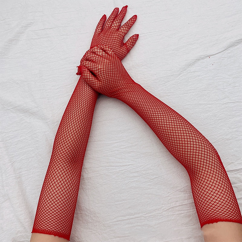Fishnet Long Sleeve Gloves gloves LAVAH Red One Size 